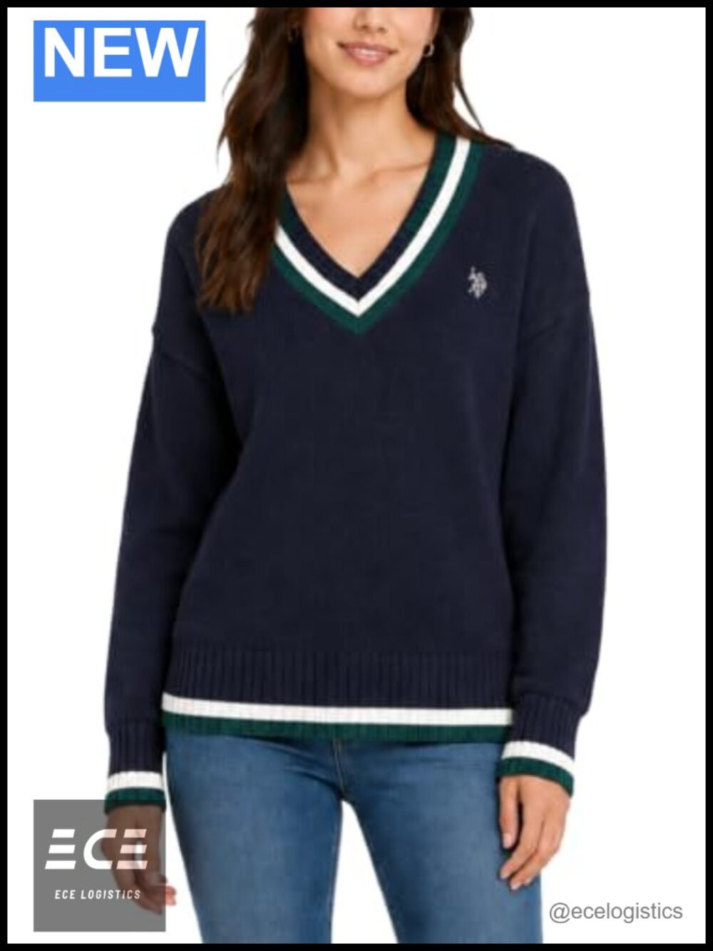 Cable Knit V-Neck Pullover Sweater with Embroidered Pony Logo & Ribbed Trims